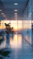 Sunset light fills a modern hallway with potted plants and glass walls creating a calming atmosphere photo