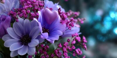 Colorful floral arrangement featuring purple daisies and pink accents complemented by a shimmering background photo