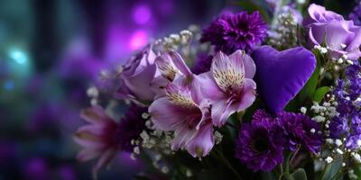 Colorful bouquet of purple flowers with heart-shaped decoration for sentimental occasion photo