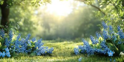 Bright spring morning with blooming blue flowers and sunlight streaming through green trees in a serene forest setting photo