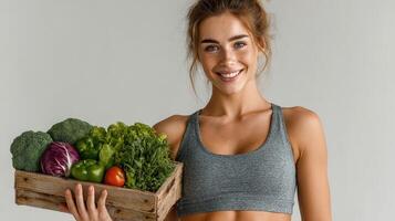 Healthy woman smiles while holding a wooden box of fresh vegetables in a bright, simple setting photo