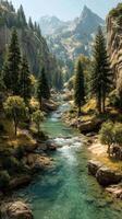 Scenic river flows through rocky hills and lush forests in a serene mountainous landscape during daylight photo