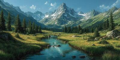 Stunning mountain landscape with a clear stream and lush greenery under a bright sky photo