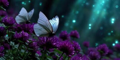 Two butterflies resting on purple flowers in a serene garden during twilight hours photo