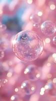 Iridescent bubbles floating gracefully against a soft pink background, capturing the essence of tranquility and beauty in nature photo