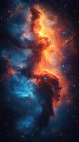 Vibrant cosmic nebula illuminated by fiery orange and tranquil blue hues in deep space photo