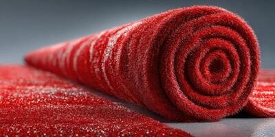 Bright red fabric rolled and spread out on a smooth surface, showcasing rich texture and vibrant color in a well-lit setting photo
