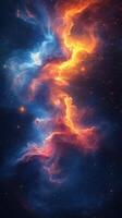 Colorful cosmic clouds swirl in the night sky displaying vibrant hues of blue and orange photo