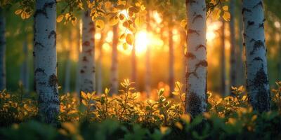 Sunlight filters through aspen trees in a lush forest during the golden hour of late afternoon photo