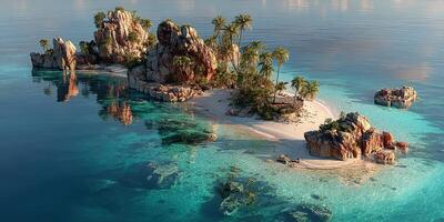 Island paradise with turquoise waters and lush palm trees during a sunny day photo