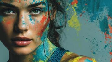 Young woman with vibrant face paint poses against splashed color backdrop in artistic photo session