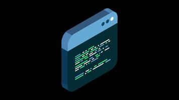 Source code isometric animation. Abstract programming language and program code on a screen. Motion graphic. Transparent background with alpha channel. video