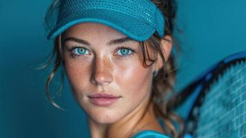 Young female tennis player poses with racket against a blue background during a portrait session photo