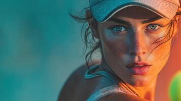 Young woman with freckles sports cap poses in vibrant lighting during outdoor activity in summer photo