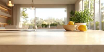 Bright and airy kitchen with fresh lemons and herbs on the countertop in a sunny setting photo