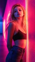 Model poses dramatically under vibrant neon lights in a stylish urban corridor during nighttime photo
