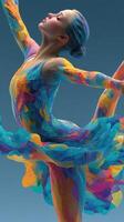 Dancer in vibrant costume showcasing beauty and grace against a blue background photo