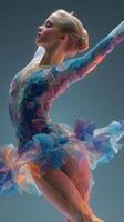 Graceful dancer showcases elegant pose in colorful costume during a performance on a gradient background photo