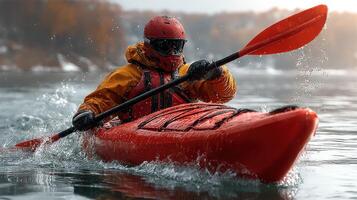Kayaker navigates through calm waters wearing bright safety gear in late afternoon light photo