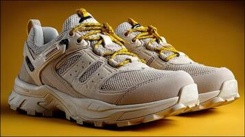 New lightweight athletic shoes in beige with yellow accents displayed against a vibrant yellow background photo