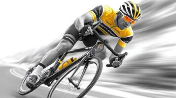 Cyclist racing through a winding road in bright yellow gear during a competitive event photo