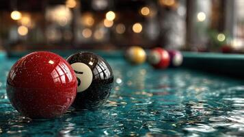 Colorful billiard balls resting on a shimmering blue pool table in a vibrant game room atmosphere photo