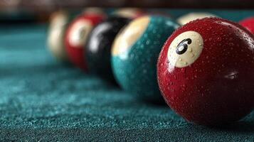 Colorful pool balls arranged precisely on a green felt table with droplets of water highlighting their surfaces photo