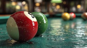 Colorful billiard balls resting on a wet pool table in a lively game room atmosphere photo