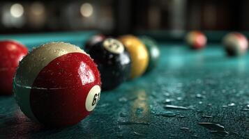 Billiard balls resting on a wet table after a game at a local pool hall during evening hours photo