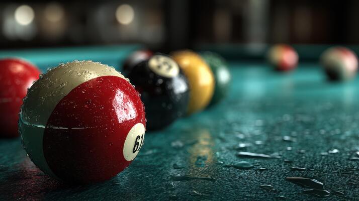 Billiard balls resting on a wet table after a game at a local pool hall during evening hours