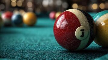 Pool balls scattered on a green felt table in a vibrant game room with soft lighting photo