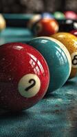 Colorful billiard balls arranged on a textured green felt table in a game setting photo