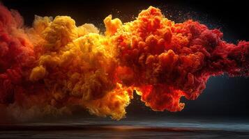 Vibrant bursts of orange and yellow smoke swirl dramatically against a dark background, creating an intense visual impact photo