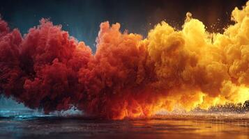 Vibrant explosion of colorful smoke at dusk creating a stunning visual effect and atmosphere photo