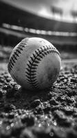 Baseball resting on dusty infield ground with blurred stadium background during afternoon practice session photo