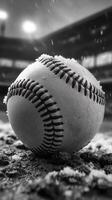 Close-up of a baseball resting on wet ground with blurred stadium lights in the background during a rainy game photo