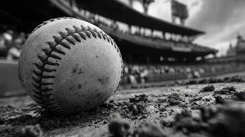 Baseball resting on dirt in an empty stadium before a game on a sunny afternoon in summer photo