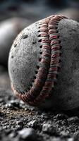 Weathered baseball resting on worn ground, showcasing unique texture and details in late afternoon light photo