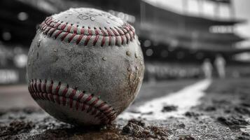 Baseball resting on damp ground during an overcast day at a baseball field after a rainstorm photo