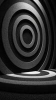 Black and white concentric circles create a modern abstract design in a minimalist environment photo