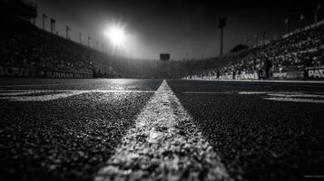 Sports arena track with dramatic lighting and packed crowd during a night event photo