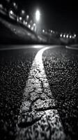 Night view of a race track showing cracks in the asphalt with bright lights in the background photo