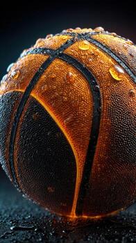 Basketball with water droplets resting on a surface in a dramatic lighting setup photo