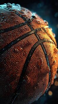 Close-up of a basketball covered in water droplets in a dramatic lighting setting emphasizing texture and detail photo