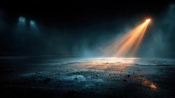 Dramatic lighting illuminates an empty sports arena floor during a quiet moment at dusk photo
