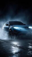 Modern luxury SUV displayed in dramatic lighting with mist enveloping its body at night photo