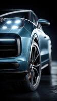 Luxury sports car displayed in dramatic lighting showcasing sleek design and powerful presence photo