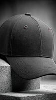 Black cap displayed on a textured surface with a minimalist aesthetic showcasing modern design elements photo