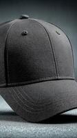 Stylish black baseball cap on textured surface showcasing modern design and quality craftsmanship photo