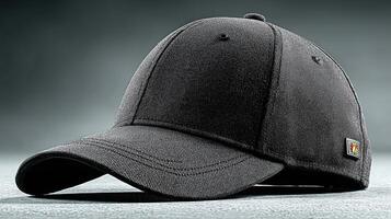 Black baseball cap displayed on a neutral background with soft shadows highlighting its design details and texture photo